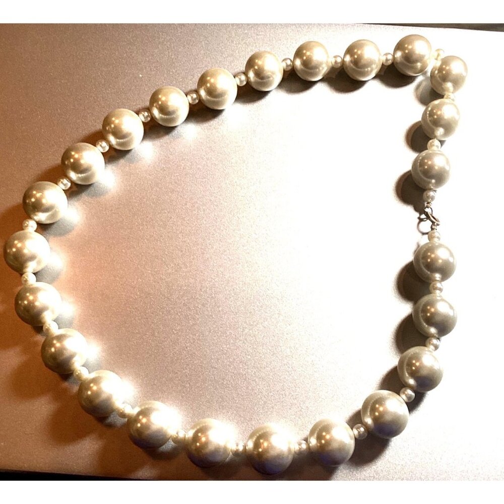 Vintage Faux Pearl Necklace W/Large Beads & Small Spacer Beads Spring Ring Clasp